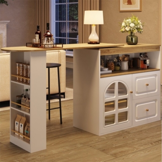 OKWISH Bartisch 360° Drehbarer Bartisch,Kücheninsel,mit Stauraum (Sideboard-Schrank mit 2 Schubladen, Snackregal, Bogenglas – Modernes Design aus MDF, ausziehbar bis 204 cm), 2 Schubladen, Snackregal