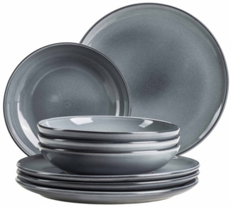 Teller Set fr 4 Personen mit Speisetellern und Suppentellern in moderner nordischer Form, 8-teiliges Tafelservice; Grau