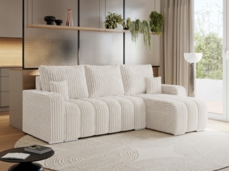 Universelles Ecksofa in Streifen genäht mit Schlaffunktion und Bettkasten, modern Stil - KIRASSO - Beige Cord