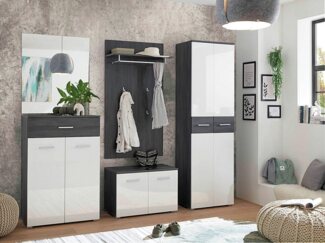 moebel-dich-auf Garderoben-Set MELODIE, (Komplett-Set, 5-St, Spiegel + Schuhkommode + Paneel + Bank + Garderobenschrank), Front in MDF Weiß Hochglanz