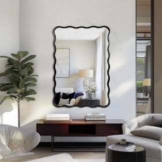 G-LEAF Wandspiegel mit Wellen-Design, eleganter Eisenrahmen (Schwarz/Gold) (1-St), HD-Spiegelglas mit Splitterschutz, leicht zu montieren
