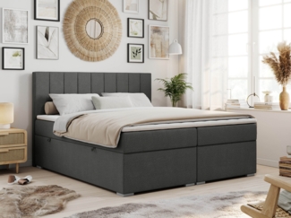 Boxspringbett mit 2 Bettkästen, Matratze und Topper, Polsterbett - ALLY - 120x200cm - Dunkelgrau Stoff - H3