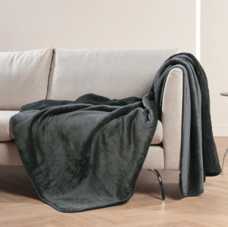 Kuscheldecke XXL 150x200cm ( Schwarz ) Flauschige Wendedecke, Flanell Sherpa-Fleece, Dicke Sofadecke - ÖKO-TEX - Couchdecke Tagesdecke - 450g/m²