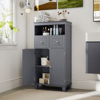 COSTWAY Badkommode, Badezimmerschrank mit 2 Türen & 2 Schubladen 56x30x108cm