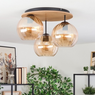 hofstein Deckenleuchte Deckenlampe aus Metall/Holz/Riffelglas in Schwarz/Natur/Bernstein, Deckenleuchte im Retro/Vintage-Design (Schirme Ø 20 cm), 3 x E27