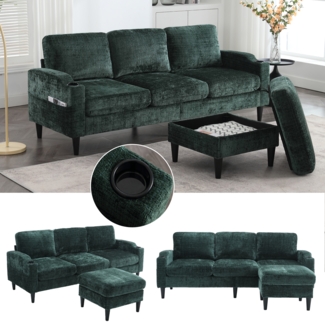 LVHOM Loungesofa mit Hocker & Stauraum, 4-Sitzer, Armlehnen, Getränkehalter, Seitentaschen, weiche Chenille-Stoff, modulare Sofa, Dunkelgrün