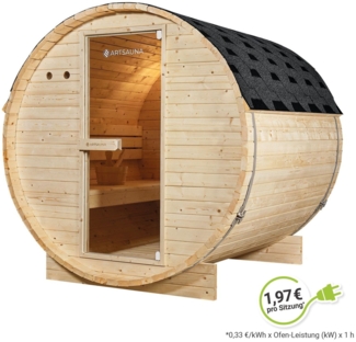 Artsauna Outdoor Fasssauna Spitzbergen 180 für 4 Personen - 6 kW Ofen, Saunasteine & Zubehör - Saunafass aus Fichtenholz - Außensauna Gartensauna