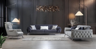 JVmoebel Polstergarnitur Chesterfield Textil Sofagarnitur 3+3+1 Sitzer Sofa Set Holz, (3-tlg, Sessel, 2x Sofa 3 Sitzer), Made in Europa