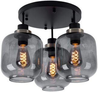 Deckenlampe, Metall Glasschirm, schwarz matt rauch, 3x E27