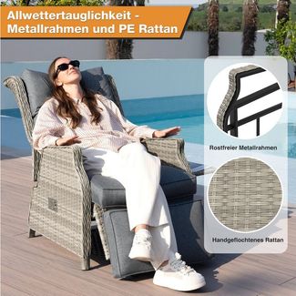 HOMECALL Rattanstuhl Gartensessel Indoor Verstellbar Liegestuhl Gartenliege balkonliege (Wetterfester Rahmen, klappbarem Beistelltisch und Fußstütze, 1 St), COMLAX FIELD