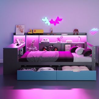 Flieks Daybett, Holzbett 90x200cm mit Schreibtisch Staufach Schubladen LED & Aufladen