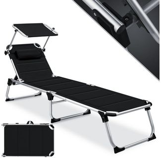KESSER® Sonnenliege SUN mit Dach Gartenliege Liegestuhl klappbar Sonnendach Verstellbarer Rückenlehne , ergonomisch, gepolsterter Liegefläche, Aluminium Liege Gartenstuhl tragbar Strandliege Schwarz