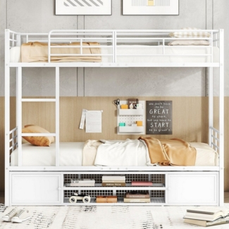 Flieks Etagenbett, Kinderbett Metallbett 90x200cm mit Schuhregal, Lagerschrank und Leiter