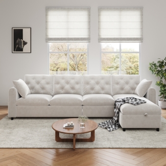 Merax 281cm Ecksofa Samt sofa mit Stauraum im Eckbereich, L-förmiger Stauraum im Eckbereich links und rechts verstellbar, Seitliche Armlehnen mit Magazintaschen, Beige