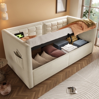 Sofabett, Polstertes Einzelbett mit hydraulischem Stauraum USB Type-C Ladestation Holzlattenrost, Samt, Beige, 90x200cm