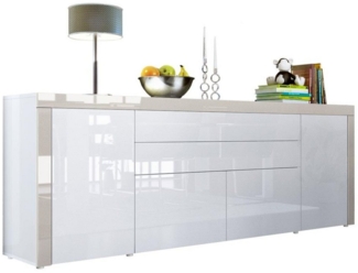 Vladon Sideboard La Paz V2, Kommode mit 2 Türen, 2 Schubkästen und 2 Klappen, Weiß Hochglanz/Weiß Hochglanz/Sandgrau Hochglanz (200 x 72 x 35 cm)