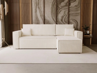 GrainGold Ecksofa mit Schlaffunktion und Bettkasten PRATO L - 253x145 cm, Beige, verstellbare Kopfstützen
