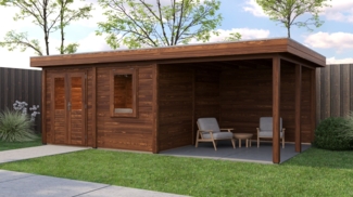 Lugarde Select Modern Gartenhaus mit Vordach Regensburg 388x388cm + 300cm - Braunes Öl