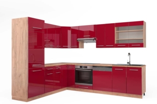 Vicco Eckküche Bordeaux Hochglanz/Goldkraft Eiche 227 x 287 cm , AP Eiche, Fame-Line