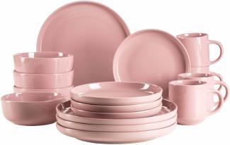 Geschirr Set fr 4 Personen in modernem skandinavischem Design, 16-teiliges Kombiservice aus Keramik in Rosa