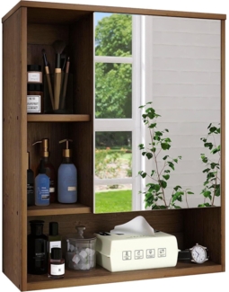 Badezimmerschrank Bambus Wandmontage mit Spiegel, Medizinschrank Walnuss