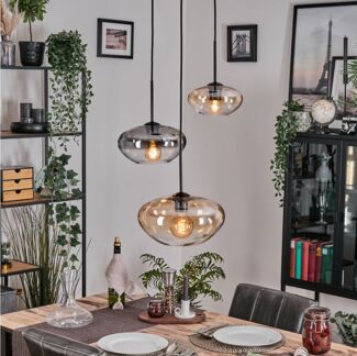 hofstein Hängeleuchte Hängelampe aus Metall/Glas in Schwarz/Bernstein/Klar/Rauchfarben, ohne Leuchtmittel, Leuchte im Retro/Vintage-Design, Glasschirme (25, 30, 35cm), 3 x E27