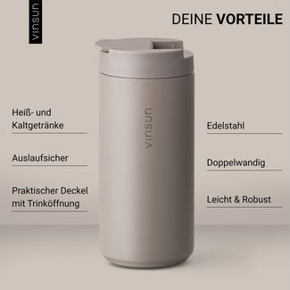 Vinsun Thermobecher Edelstahl Isolierbecher 350ml - Kaffeebecher doppelwandig isoliert, 2-tlg, Edelstahl, BPA frei, auslaufsicher, bruchfest, Kalt- und Heißgetränke