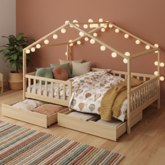 Bellabino 'Bia' Hausbett 140x200 cm mit 2 Schubladen, natur, Kiefer Massivholz, Montessori Kinderbett mit Stauraum, inkl. Rausfallschutz und Lattenrost