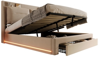 BlingBin Polsterbett Hydraulisches Bett, Doppelbett, LED-Licht-Polsterbett, Stauraumbett (Eingelassene LED-Lichtleisten an Beiden Bettseiten, 1-tlg, 160*200cm, Ohne Matratze, Max Belastbarkeit: 300KG), 2-in-1 Stauraumschubladen am Bettende, Lattenrost,...