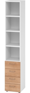 bümö smart Schubladenschrank, Büroschrank in Weiß/Nussbaum mit 4 Schüben & 4 Regalfächern - Bürocontainer aus Holz, Container mit Metallgriffen & Soft-Stop Schubladen, 964S4-W-N-BS