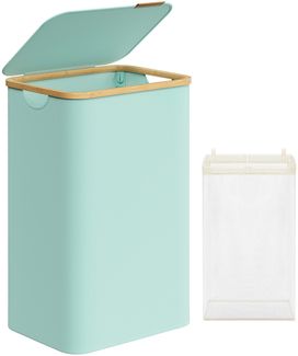 SONGMICS Wäschekorb mit Deckel und herausnehmbarem Wäschesack, zusammenklappbar, Bambus / Oxford-Gewebe mintgrün, 90 l