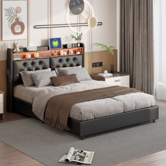 PXloue Stauraumbett LED Doppelbett, 160x200 mit bettkasten, USB-Laden und Stauraum am Kopfteil