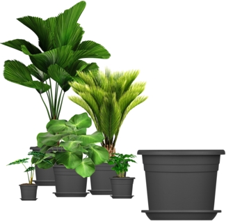 BigDean 5x Blumentopf Ø 35 cm Farbe Anthrazit & Untersetzer Kunststoff Pflanztopf Containertopf Übertopf Pflanzkübel rund 35x25 cm Blumentöpfe