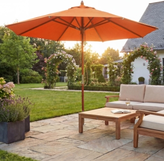Gastronomie Holz-Sonnenschirm HWC-C57, Gartenschirm, Polyester/Holz 16kg, rund Ø4m Seilzug stoßsicher ~ terracotta