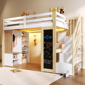 Merax Hochbett 90x200cm, Einzelbett mit Schreibtisch, Regalen, Kleiderschrank, Aufbewahrungsleiter, Tafel und LED-Beleuchtung, Weiß+Natur