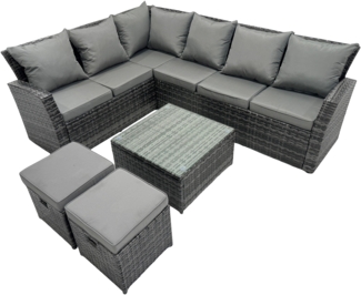 Fimous 8 Sitzer Hoher Rücken Rattan Gartenmöbel-Set Ecksofa mit Quadratischer Couchtisch Hocker