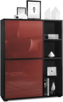 Highboard Schrank Anrichte Cuba mit 8 Fächern, Korpus in Schwarz matt / Fronten in Bordeaux Hochglanz