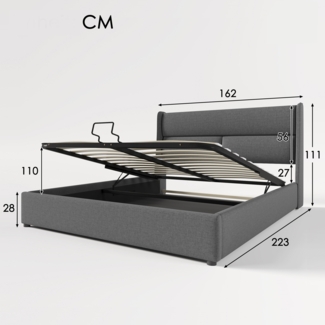 Merax Hydraulisches Polsterbett 160x200 Stauraumbett Doppelbett aus Leinen mit Verstellbare Kopfstützen & Lattenrost Grau