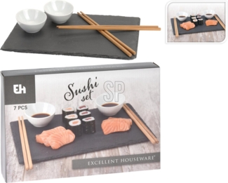 Koopman Sushiteller Essteller Schiefer 30x20 cm Set Stäbchen Schalen Grau, (7 St), 7tlg, Essstäbchen, Sushi Set, Dipschalen, Schieferteller 30x20 cm