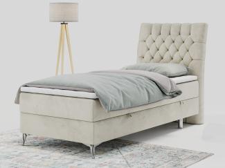 Boxspringbett MILEN, Einzelbett 90x200, Polsterbett mit Multipocket-Matratze und Topper - Beige velours - rechts - H3