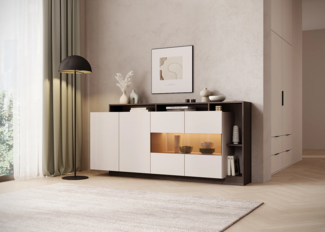 Vente-unique - Sideboard mit 4 Türen & 4 Ablagefächern - Mit LED-Beleuchtung - Beige und Natur Dunkel - IDESIA