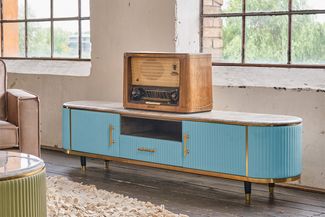 KAWOLA Lowboard MARIA TV-Bank Marmorplatte Kunstleder hellblau 45 x 40 x 200 cm