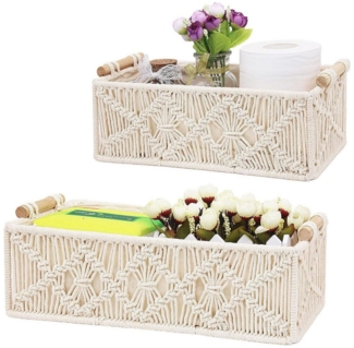 HEYHIPPO Aufbewahrungsbox 2er-Set Aufbewahrungskörbe Boho, handgeflochten mit Griffen, weiß (Handgewebter Aufbewahrungskorb aus Baumwollseil,platzsparend&praktisch), Großer Baumwollseil-Korb, ideal für Schreibtisch und Aufbewahrung