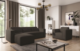 Ecksofa Schlafsofa inkl. Sessel WALDO Stoff Brooklyn Schwarz-Hell Ottomane Links