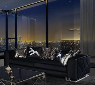 Casa Padrino Luxus Wohnzimmer Sofa mit dekorativen Kissen Schwarz / Silber 237x96 x H. 66 cm