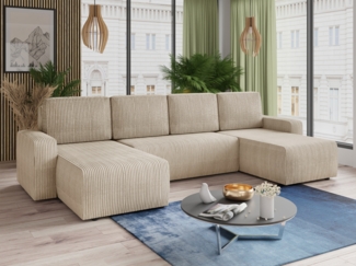 Wohnlandschaft mit Schlaffunktion Roma - U-Form Couch, Schlafsofa mit Bettkasten, Couchgranitur mit Bettfunktion, Big Sofa, Cord Stoff (Beige (Poso 100))