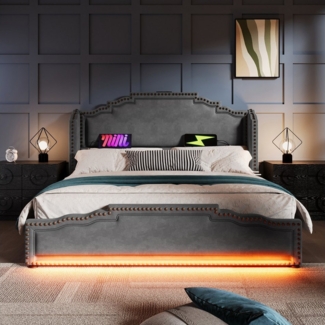 Celya Polsterbett Doppelbett mit 4 Schubladen, LED-Beleuchtung und USB-C-Ladeanschluss (Samt, ohne Matratze), 180×200cm, Stauraumbett und Jugendbett mit Lattenrost