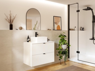 Vente-unique - Waschbeckenunterschrank hängend mit Aufsatzwaschbecken - Streifenoptik - Weiß - 80 cm - ZEVINI