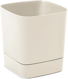 LAMELA Blumentopf Quadratisch mit Integriertem Untersetzer - 16x16 cm x H 17,6 cm, 4 L - Leichter & wetterfester Kunststoff - Für Innen & Außen - Beige