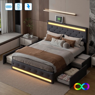 Furnishings Home Polsterbett Doppelbett Stauraumbett, Mit 4 Schubladen + LED + Anschluss (Set, Bett), Mit LED-Beleuchtung, USB & Type-C, Leinen, 180x200 cm